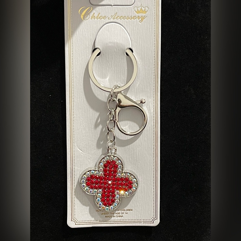 Red Crystal Clover Silver Keychain